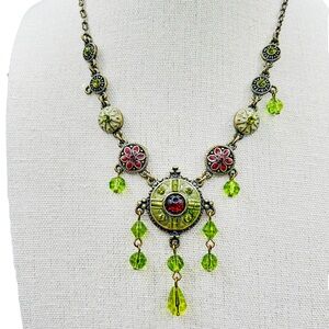 Vintage Artisan Enamel Necklace with
Glass Cabochon Chartreuse Beads